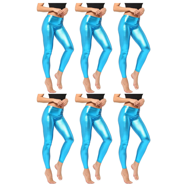 6x Adult Light Blue Metallic Leggings Bulk Pack - Shiny Neon Pants for Dance Costume/80s Retro Party