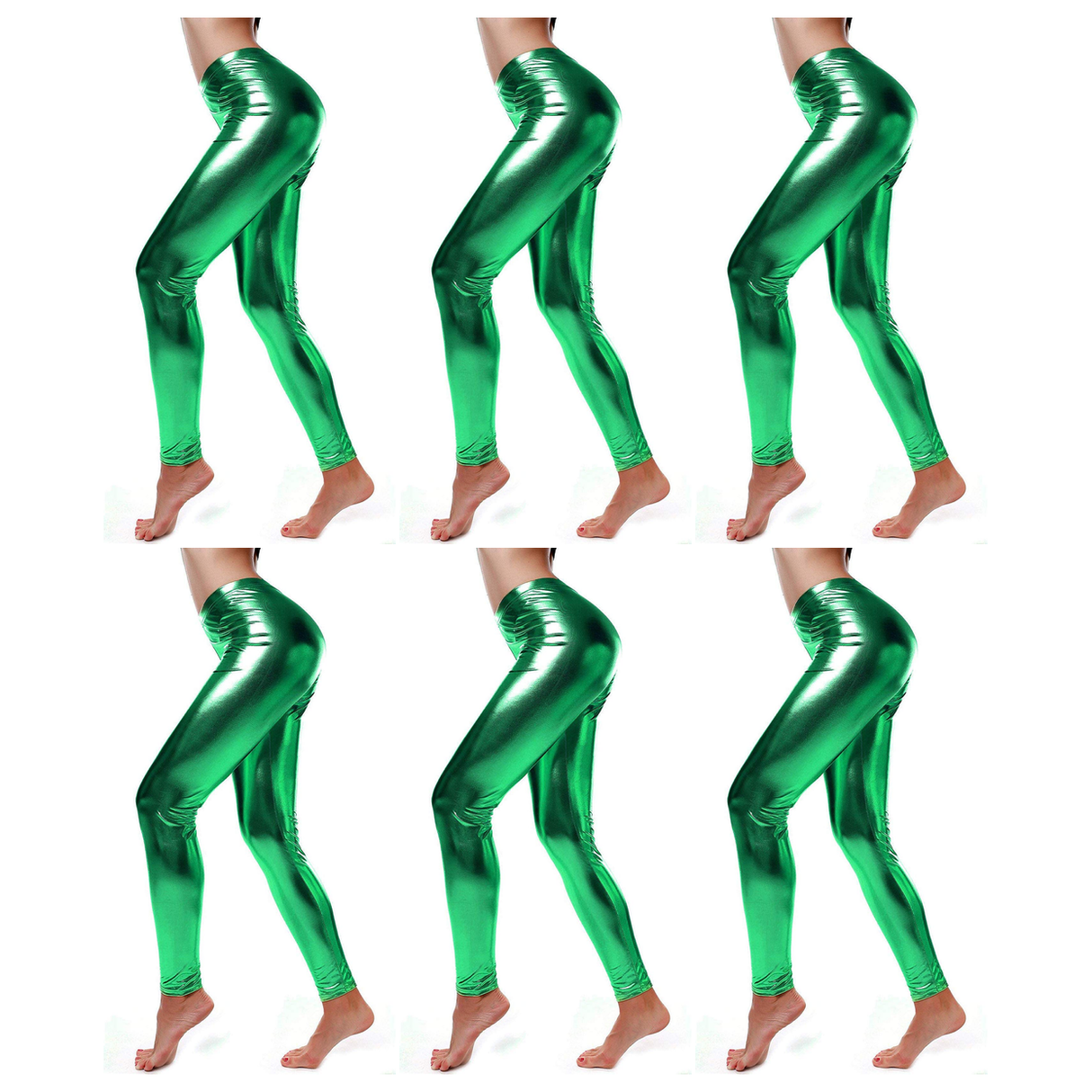 6x Adult Green Metallic Leggings Bulk Pack - Shiny Neon Pants for Dance Costume/80s Retro Party
