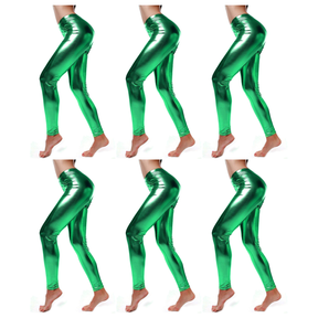 6x Adult Green Metallic Leggings Bulk Pack - Shiny Neon Pants for Dance Costume/80s Retro Party