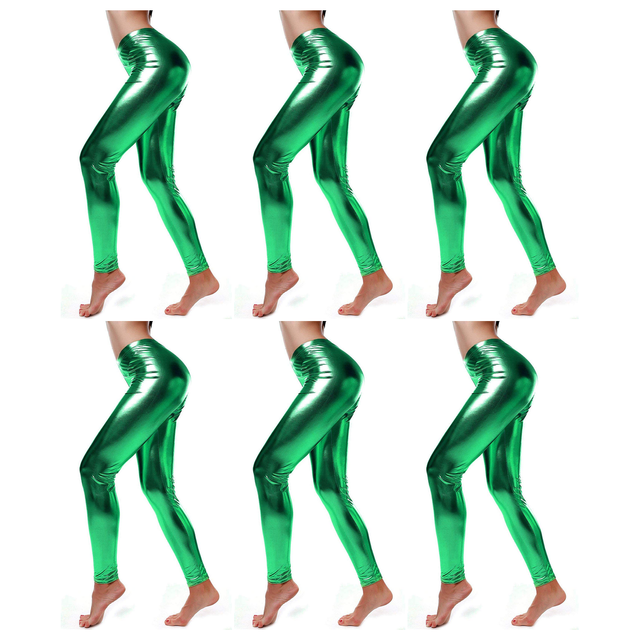 6x Adult Green Metallic Leggings Bulk Pack - Shiny Neon Pants for Dance Costume/80s Retro Party