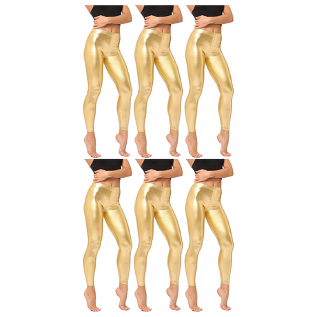 6x Adult Gold Metallic Leggings Bulk Pack - Shiny Neon Pants for Dance Costume/80s Retro Party