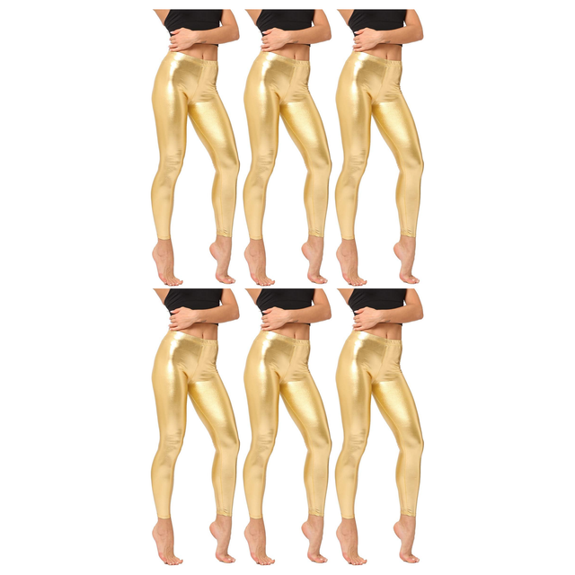 6x Adult Gold Metallic Leggings Bulk Pack - Shiny Neon Pants for Dance Costume/80s Retro Party