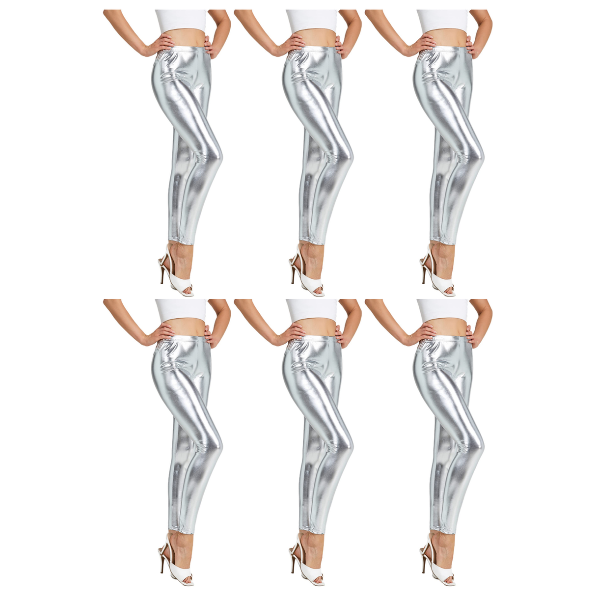 6x Adult Silver Metallic Leggings Bulk Pack - Shiny Neon Pants for Dance Costume/80s Retro Party