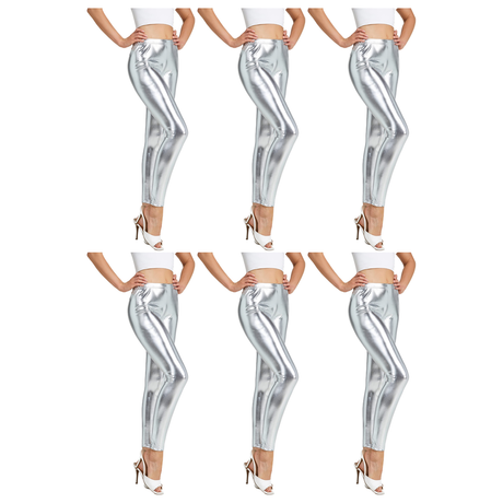 6x Adult Silver Metallic Leggings Bulk Pack - Shiny Neon Pants for Dance Costume/80s Retro Party