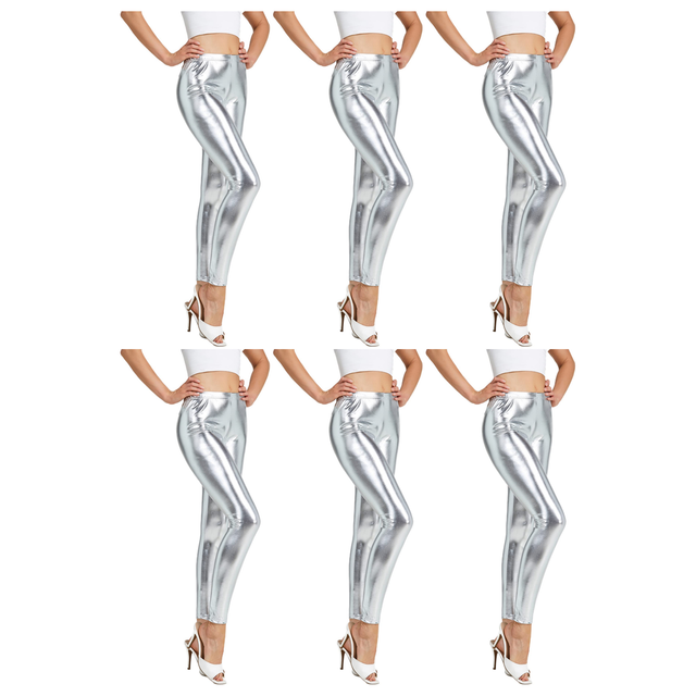 6x Adult Silver Metallic Leggings Bulk Pack - Shiny Neon Pants for Dance Costume/80s Retro Party