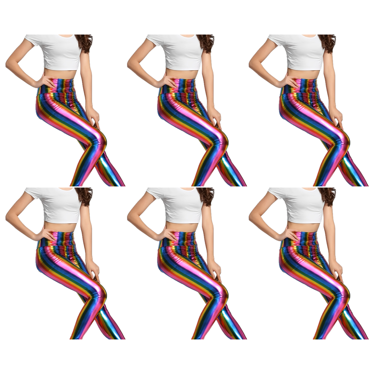 6x Adult Rainbow Metallic Leggings Bulk Pack - Shiny Neon Pants for Dance Costume/80s Retro Party