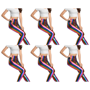 6x Adult Rainbow Metallic Leggings Bulk Pack - Shiny Neon Pants for Dance Costume/80s Retro Party