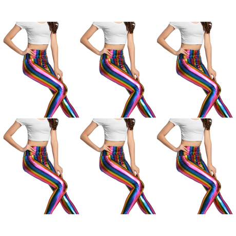 6x Adult Rainbow Metallic Leggings Bulk Pack - Shiny Neon Pants for Dance Costume/80s Retro Party