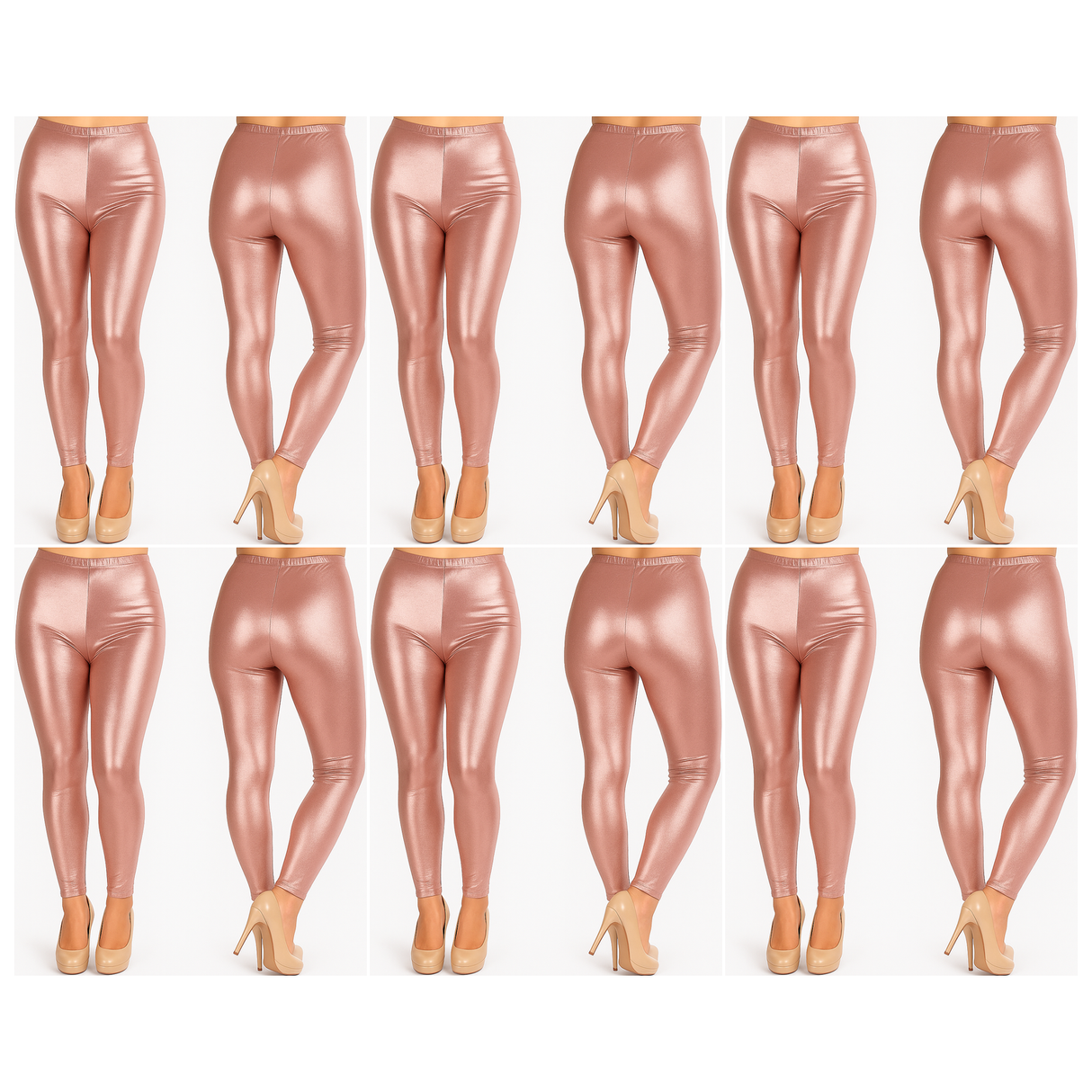 6x Adult Rose Gold Metallic Leggings Bulk Pack - Shiny Neon Pants for Dance Costume/80s Retro Party
