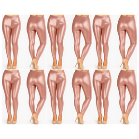 6x Adult Rose Gold Metallic Leggings Bulk Pack - Shiny Neon Pants for Dance Costume/80s Retro Party
