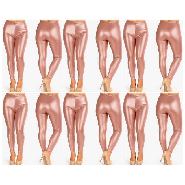 6x Adult Rose Gold Metallic Leggings Bulk Pack - Shiny Neon Pants for Dance Costume/80s Retro Party