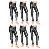 6x Kids Black Metallic Leggings Bulk Pack - Shiny Neon Pants for Childrens Dance Costume/80s Retro Party