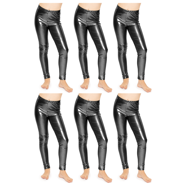 6x Kids Black Metallic Leggings Bulk Pack - Shiny Neon Pants for Childrens Dance Costume/80s Retro Party