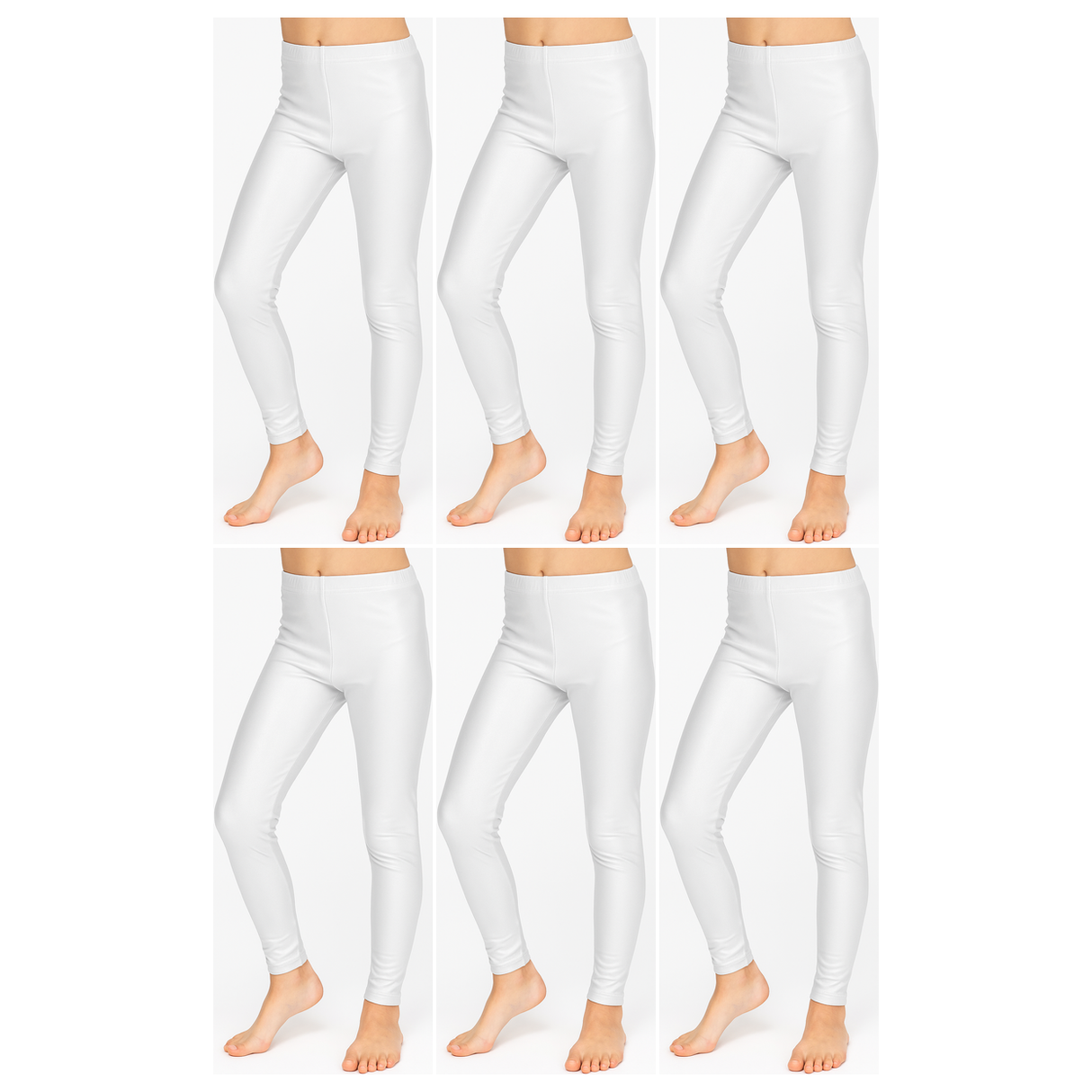 6x Kids White Metallic Leggings Bulk Pack - Shiny Neon Pants for Childrens Dance Costume/80s Retro Party