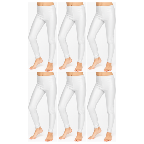 6x Kids White Metallic Leggings Bulk Pack - Shiny Neon Pants for Childrens Dance Costume/80s Retro Party
