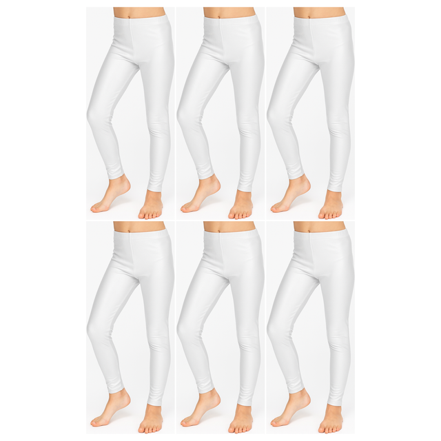 6x Kids White Metallic Leggings Bulk Pack - Shiny Neon Pants for Childrens Dance Costume/80s Retro Party