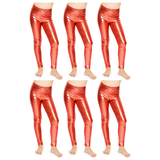 6x Kids Red Metallic Leggings Bulk Pack - Shiny Neon Pants for Childrens Dance Costume/80s Retro Party