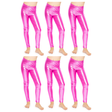 6x Kids Hot Pink Metallic Leggings Bulk Pack - Shiny Neon Pants for Childrens Dance Costume/80s Retro Party