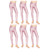 6x Kids Pink Metallic Leggings Bulk Pack - Shiny Neon Pants for Childrens Dance Costume/80s Retro Party