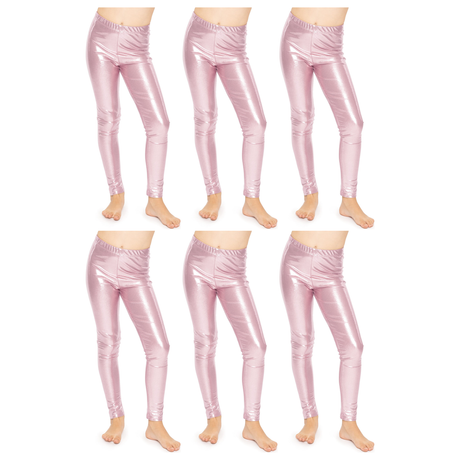 6x Kids Pink Metallic Leggings Bulk Pack - Shiny Neon Pants for Childrens Dance Costume/80s Retro Party