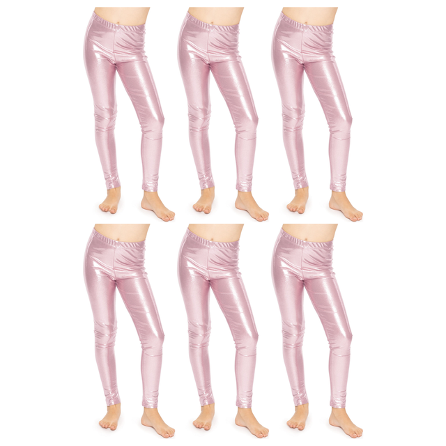 6x Kids Pink Metallic Leggings Bulk Pack - Shiny Neon Pants for Childrens Dance Costume/80s Retro Party