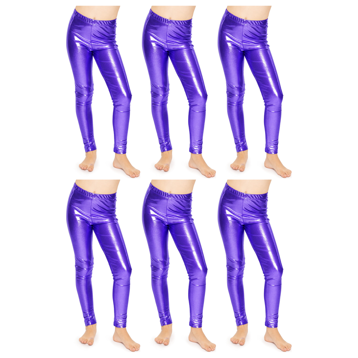 6x Kids Purple Metallic Leggings Bulk Pack - Shiny Neon Pants for Childrens Dance Costume/80s Retro Party