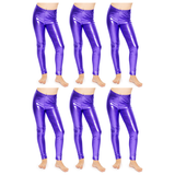 6x Kids Purple Metallic Leggings Bulk Pack - Shiny Neon Pants for Childrens Dance Costume/80s Retro Party