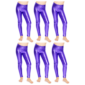 6x Kids Purple Metallic Leggings Bulk Pack - Shiny Neon Pants for Childrens Dance Costume/80s Retro Party