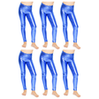 6x Kids Blue Metallic Leggings Bulk Pack - Shiny Neon Pants for Childrens Dance Costume/80s Retro Party