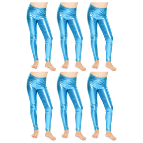 6x Kids Light Blue Metallic Leggings Bulk Pack - Shiny Neon Pants for Childrens Dance Costume/80s Retro Party