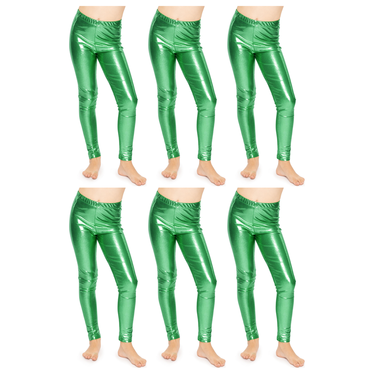6x Kids Green Metallic Leggings Bulk Pack - Shiny Neon Pants for Childrens Dance Costume/80s Retro Party