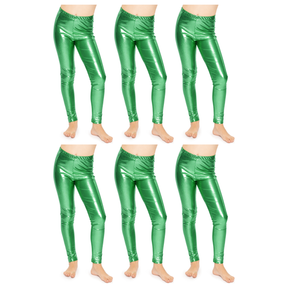 6x Kids Green Metallic Leggings Bulk Pack - Shiny Neon Pants for Childrens Dance Costume/80s Retro Party