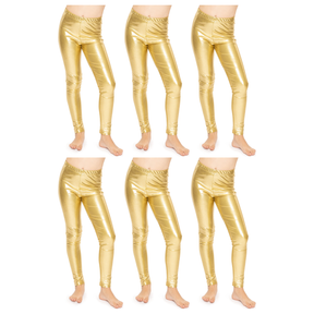 6x Kids Gold Metallic Leggings Bulk Pack - Shiny Neon Pants for Childrens Dance Costume/80s Retro Party