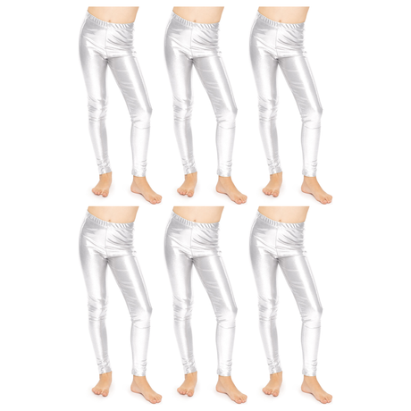6x Kids Silver Metallic Leggings Bulk Pack - Shiny Neon Pants for Childrens Dance Costume/80s Retro Party
