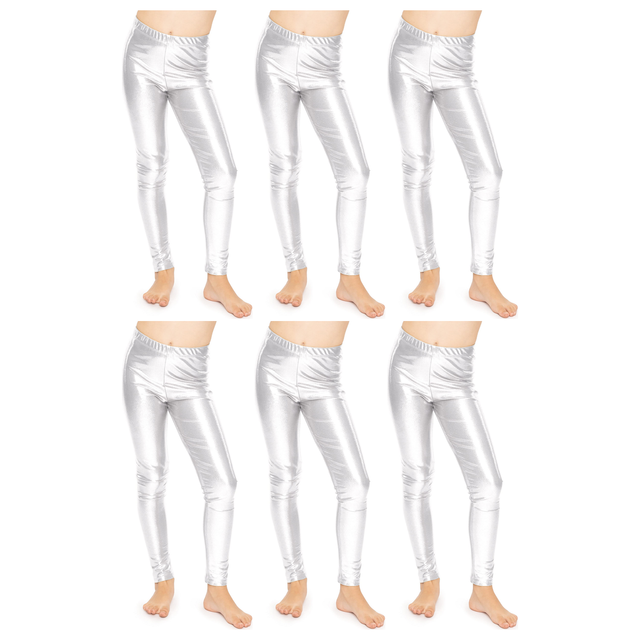 6x Kids Silver Metallic Leggings Bulk Pack - Shiny Neon Pants for Childrens Dance Costume/80s Retro Party