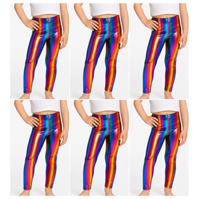 6x Kids Rainbow Metallic Leggings Bulk Pack - Shiny Neon Pants for Childrens Dance Costume/80s Retro Party
