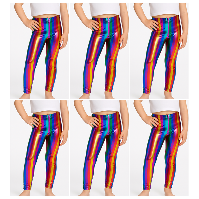 6x Kids Rainbow Metallic Leggings Bulk Pack - Shiny Neon Pants for Childrens Dance Costume/80s Retro Party