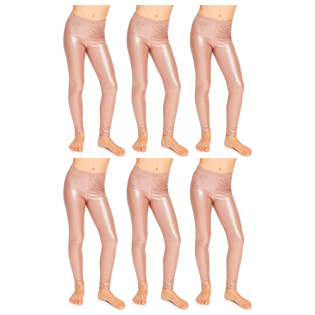 6x Kids Rose Gold Metallic Leggings Bulk Pack - Shiny Neon Pants for Childrens Dance Costume/80s Retro Party