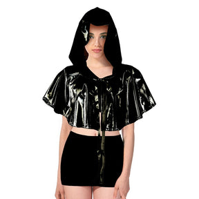 Adult Black Metallic Cape - Mini Iridescent Hooded Costume for Halloween/Fancy Dress