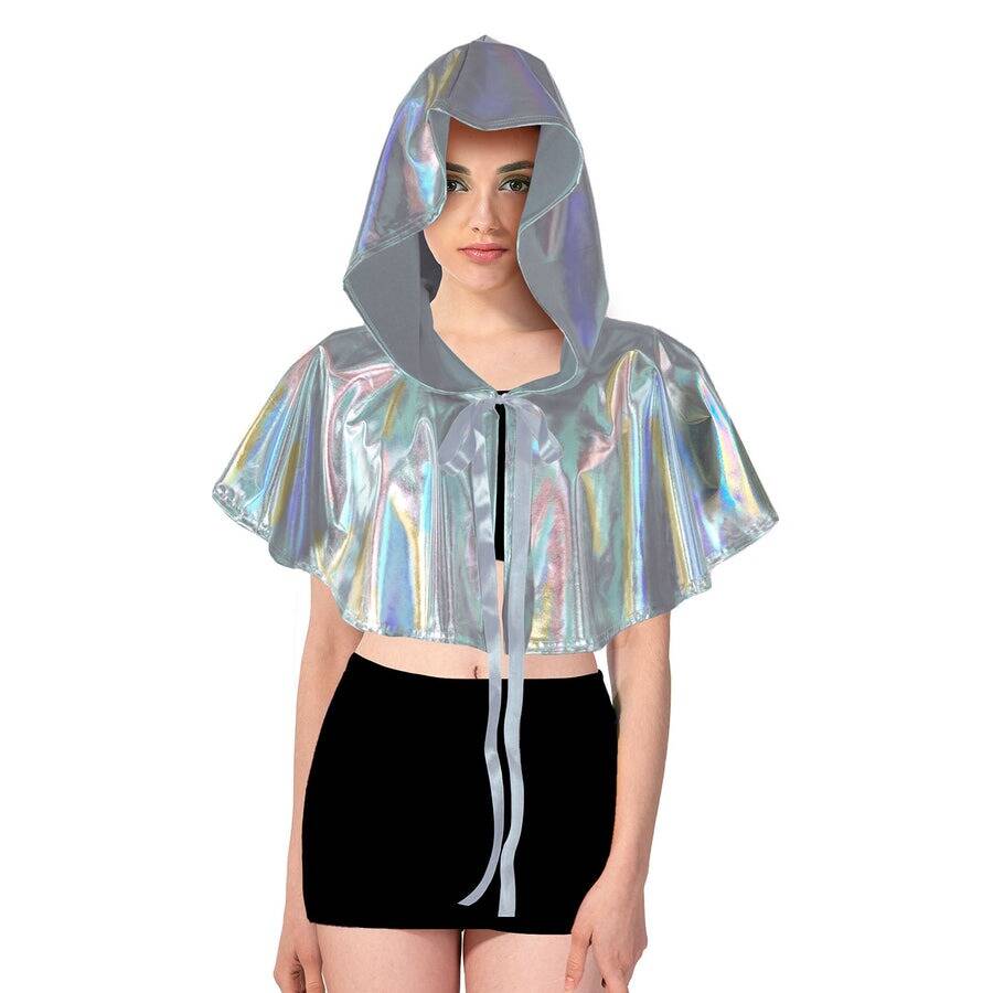 Adult Silver Metallic Cape - Mini Iridescent Hooded Costume for Halloween/Fancy Dress