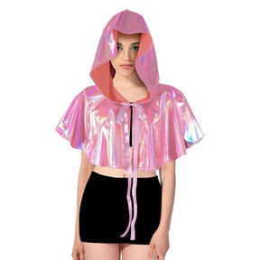 Adult Pink Metallic Cape - Mini Iridescent Hooded Costume for Halloween/Fancy Dress
