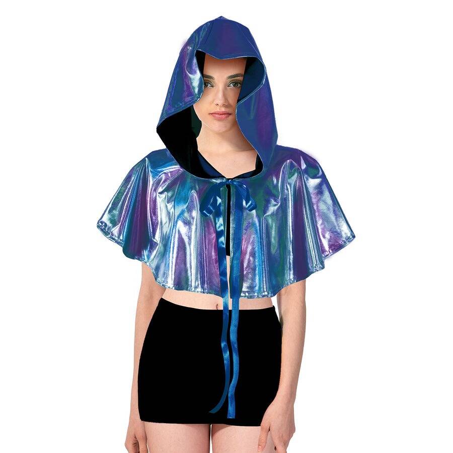 Adult Blue/Purple Metallic Cape - Mini Iridescent Hooded Costume for Halloween/Fancy Dress