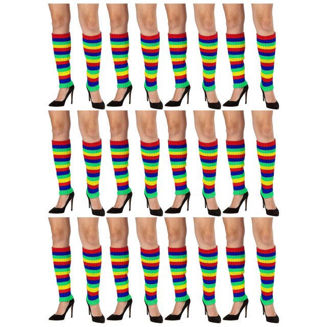 12 Pair Rainbow Ribbed Knitted Leg Warmers Bulk Pack - Womens Dance Costume/80s Party