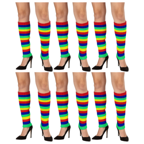6 Pair Rainbow Ribbed Knitted Leg Warmers Bulk Pack - Womens Dance Costume/80s Party