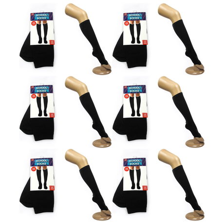 6 Pair Plain Black Knee High School Socks Bulk Pack - Cotton for Girls/Boys (One Size Fits Most)