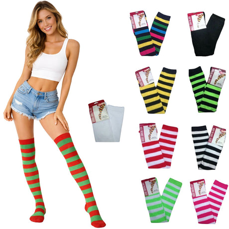 10x Womens Assorted Colours Striped Over the Knee Socks Bulk Pack - Thigh High Stockings
