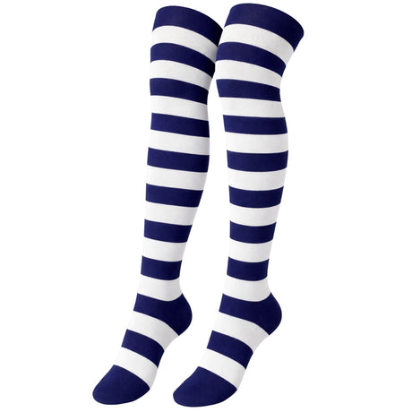 10x Womens Blue/White Striped Over the Knee Socks Bulk Pack - Thigh High Stockings