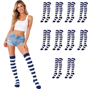 10x Womens Blue/White Striped Over the Knee Socks Bulk Pack - Thigh High Stockings
