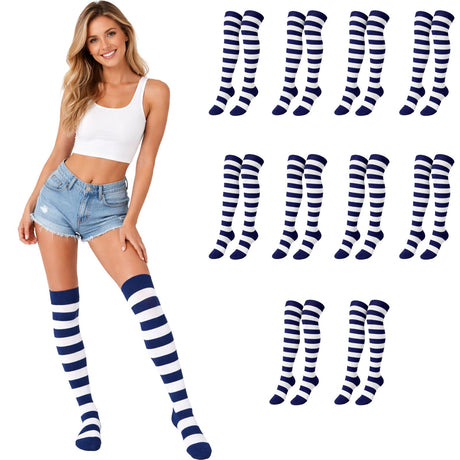 10x Womens Blue/White Striped Over the Knee Socks Bulk Pack - Thigh High Stockings