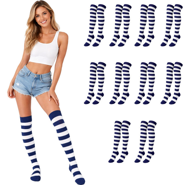 10x Womens Blue/White Striped Over the Knee Socks Bulk Pack - Thigh High Stockings